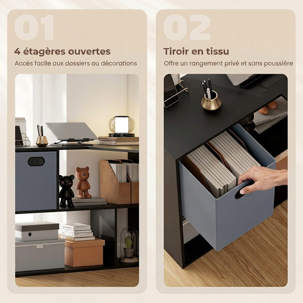 Bureau d'angle, bureau d'ordinateur avec tiroir en tissu et compartiments ouverts, 110 x 100 x 75 cm, noir