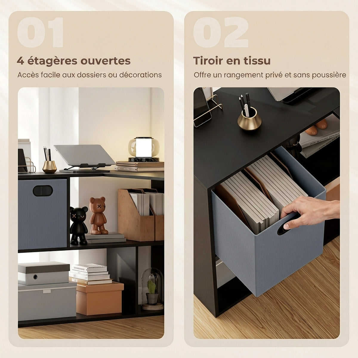Bureau d'angle, bureau d'ordinateur avec tiroir en tissu et compartiments ouverts, 110 x 100 x 75 cm, noir