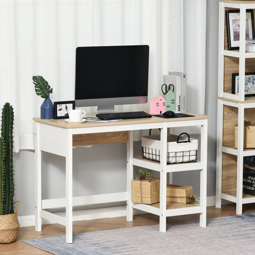 Bureau Informatique multimédia dim. 110L x 48l x 76H cm 2 étagères latérales MDF E1 chêne Clair Blanc