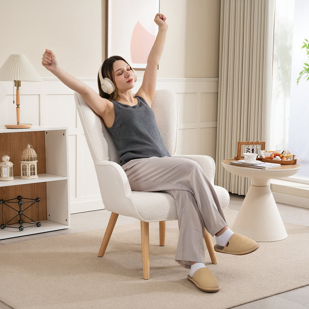 Fauteuil de salon en tissu bouclette, fauteuil capitonné et rembourré avec pieds en bois, 71 x 74 x 96 cm, beige