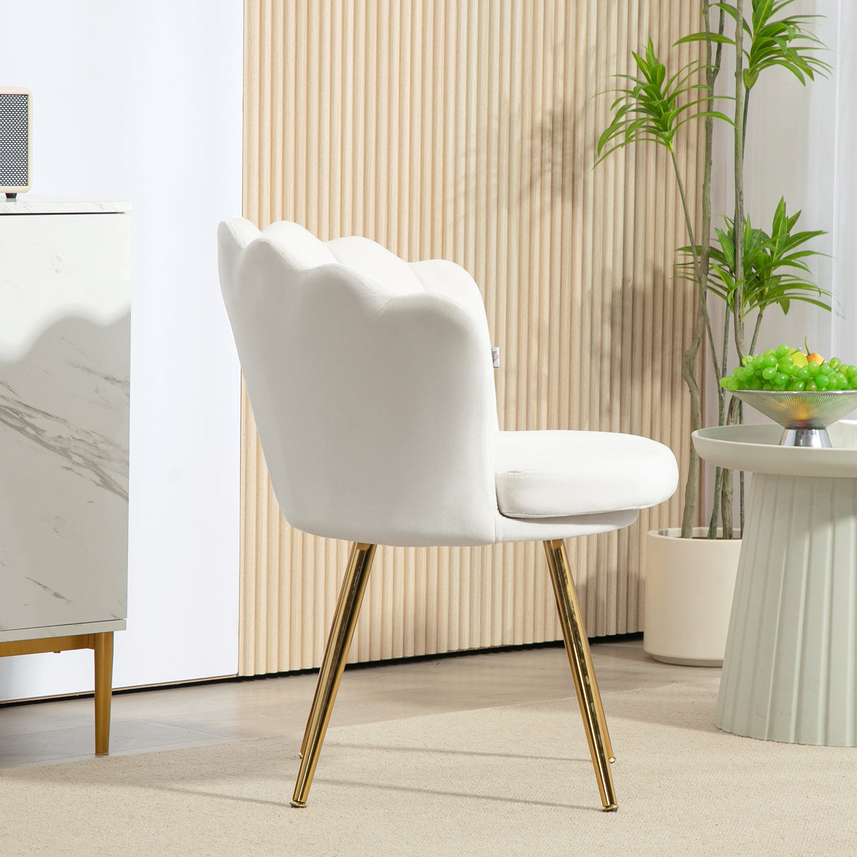 Fauteuil coquillage chaise coiffeuse fauteuil en velours fauteuil de salon avec pieds en métal doré crème