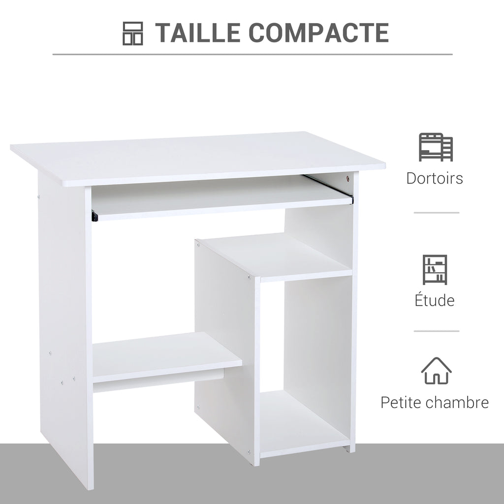 Bureau d'ordinateur, bureau avec rangement, plateau pour clavier et support de moniteur, 80 x 45 x 75 cm, blanc