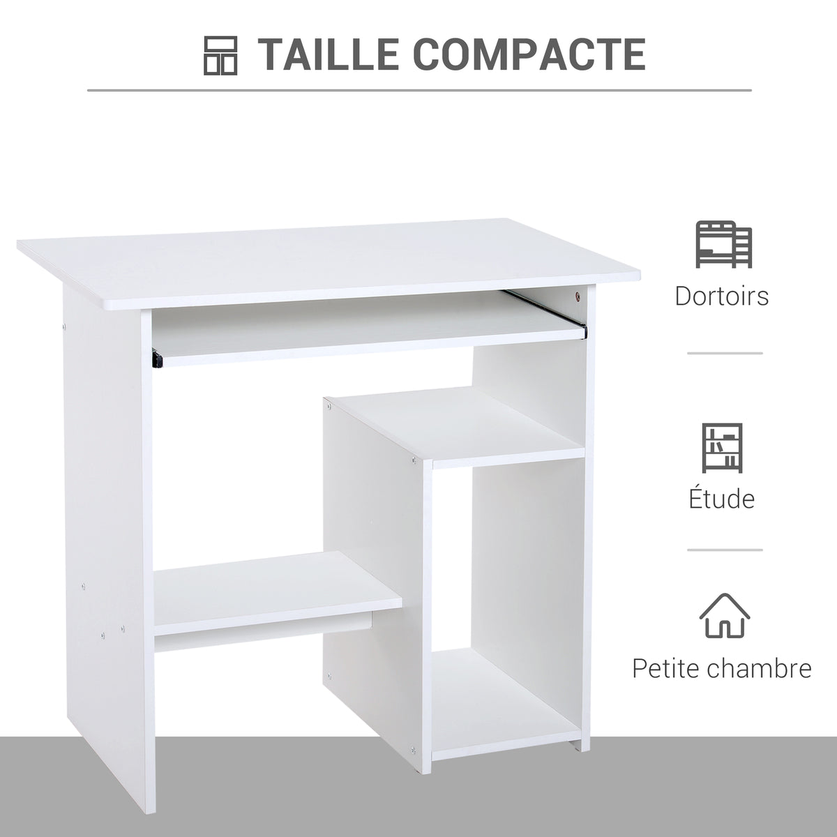 Bureau d'ordinateur, bureau avec rangement, plateau pour clavier et support de moniteur, 80 x 45 x 75 cm, blanc