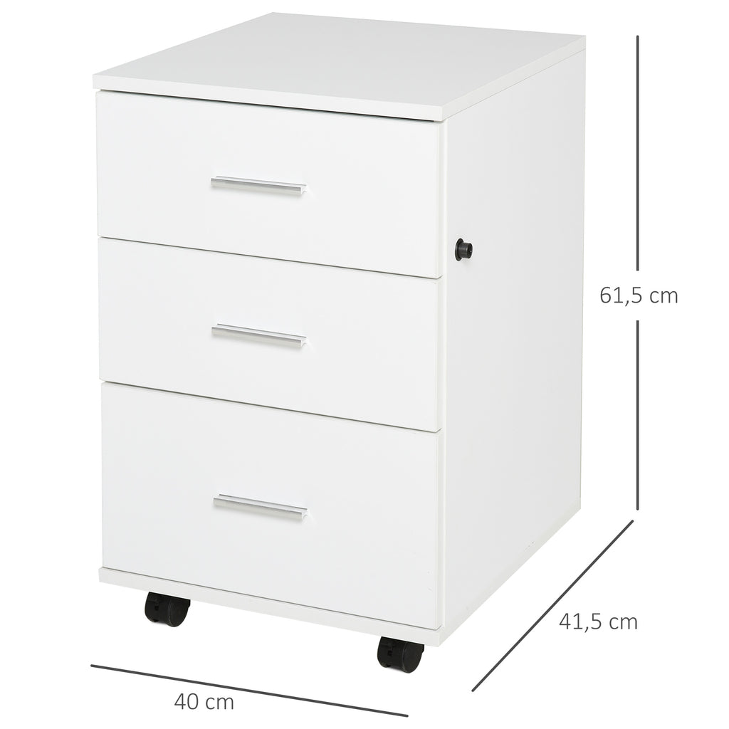 Caisson de Bureau Rangement Bureau sur Roulettes 3 Tiroirs Verrouillables 40 x 40 x 61,5 cm Blanc