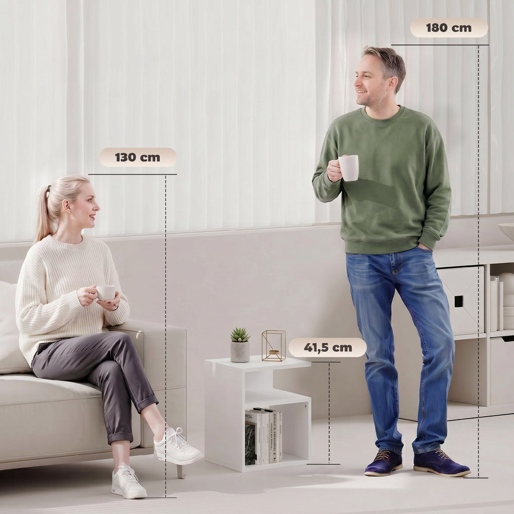 Table d'Appoint, Table Basse Moderne 3 Niveaux avec Étagères Ouvertes, pour Salon, Chambre ou Bureau, Blanc