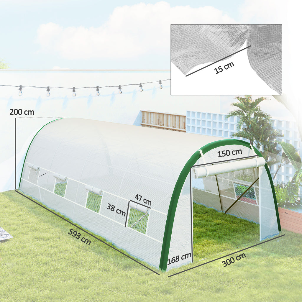 Serre de Jardin Tunnel 18 m² dim. 6L x 3l x 2H m - 8 fenêtres, Porte zippée Enroulable, Acier galvanisé, bâche PE, Blanc