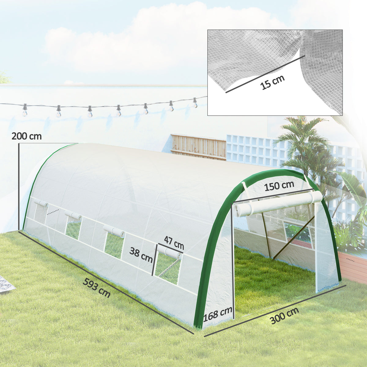 Serre de Jardin Tunnel 18 m² dim. 6L x 3l x 2H m - 8 fenêtres, Porte zippée Enroulable, Acier galvanisé, bâche PE, Blanc