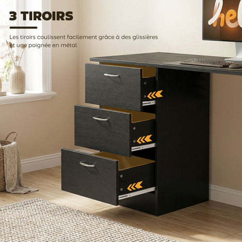 Bureau d'ordinateur avec 3 tiroirs et 3 étagères ouvertes, 120x49x72cm, bureau avec rangement réversible, style moderne, table informatique pour chambre, petit espace, télétravail, noir