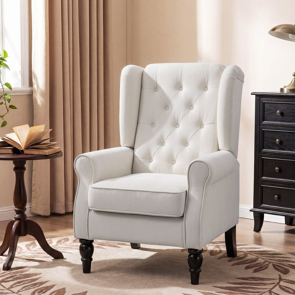 Fauteuil de Salon, Fauteuil d'Appoint Mi-Siècle Moderne en Flanelle Neige avec Haut Dossier Capitonné à Oreilles, Crème