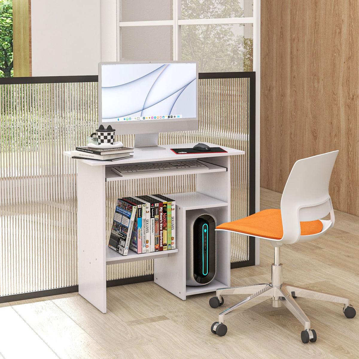 Bureau d'ordinateur, bureau avec rangement, plateau pour clavier et support de moniteur, 80 x 45 x 75 cm, blanc