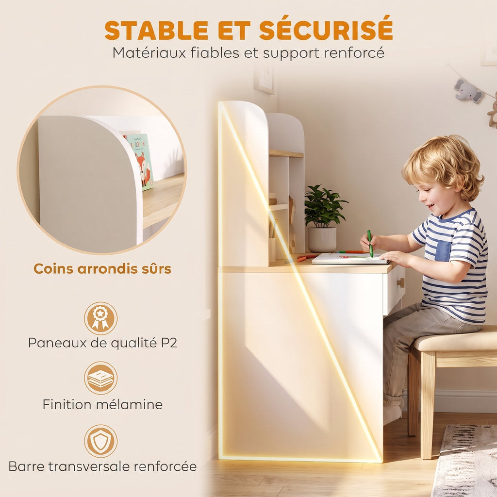 Bureau Enfant en Bois, Bureau avec Rangement, Plateau Large, Tiroir et Étagères Ouvertes, 80 x 50 x 100 cm, Blanc