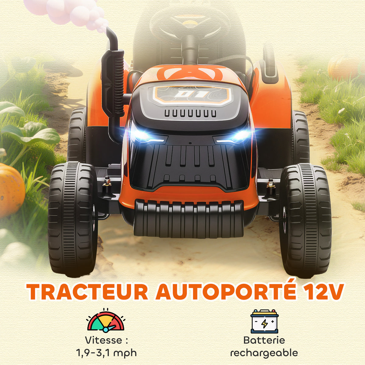 Tracteur électrique enfants avec remorque amovible, voiture électrique enfants, télécommande 2,4G, 139x58x55cm, orange