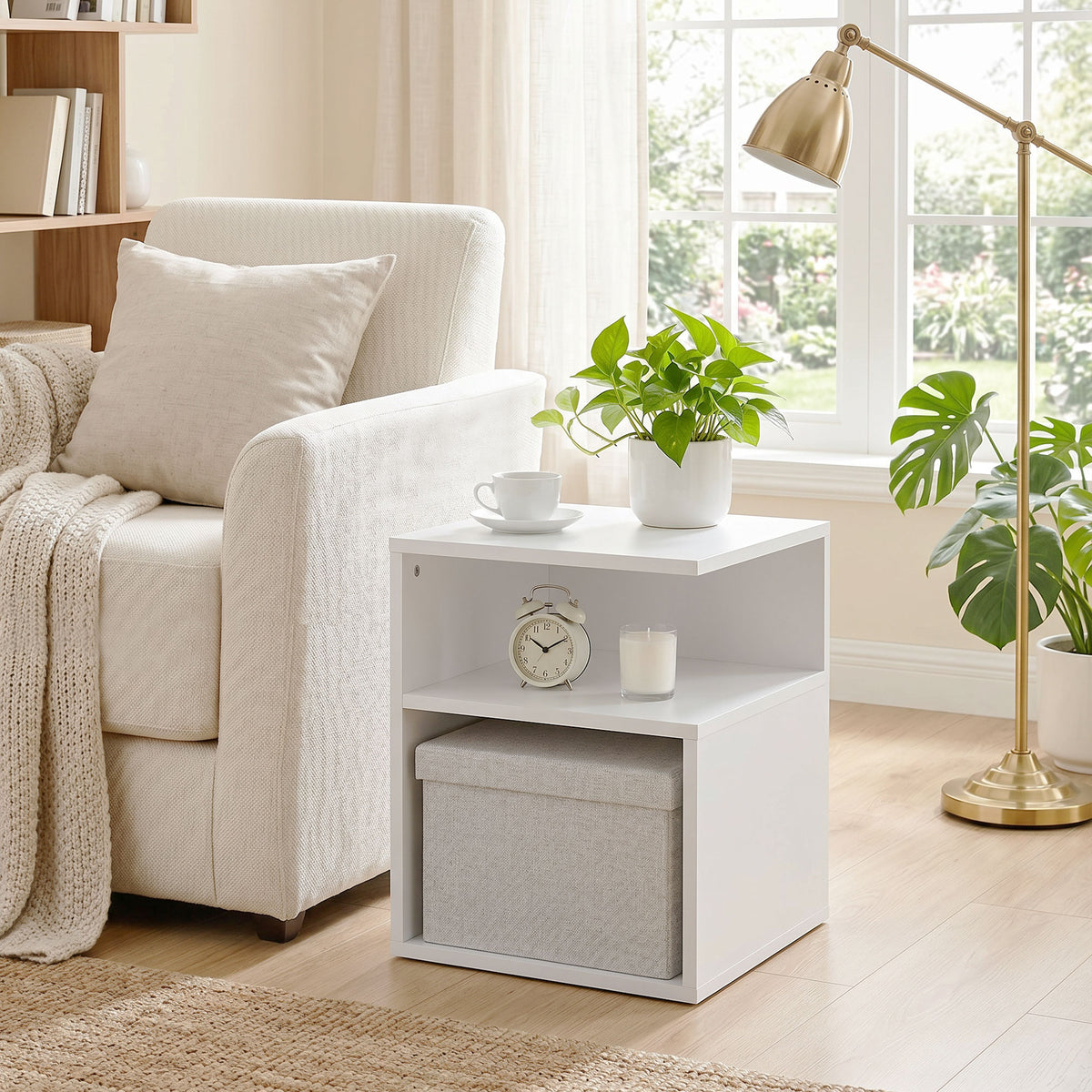 Table d'Appoint, Table Basse Moderne 3 Niveaux avec Étagères Ouvertes, pour Salon, Chambre ou Bureau, Blanc