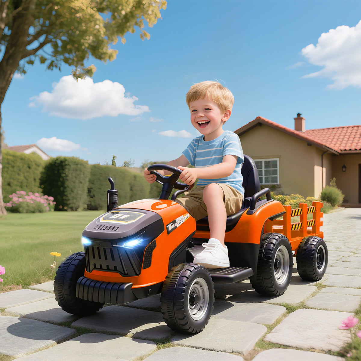 Tracteur électrique enfants avec remorque amovible, voiture électrique enfants, télécommande 2,4G, 139x58x55cm, orange