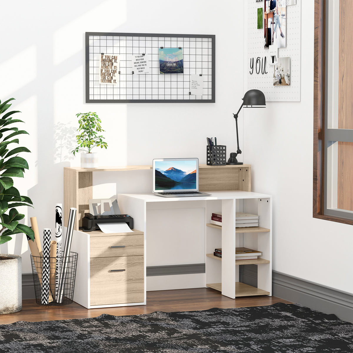 Bureau informatique avec 2 tiroirs, bureau avec rangement, 137 x 55 x 92 cm, étagères ouvertes et tablette