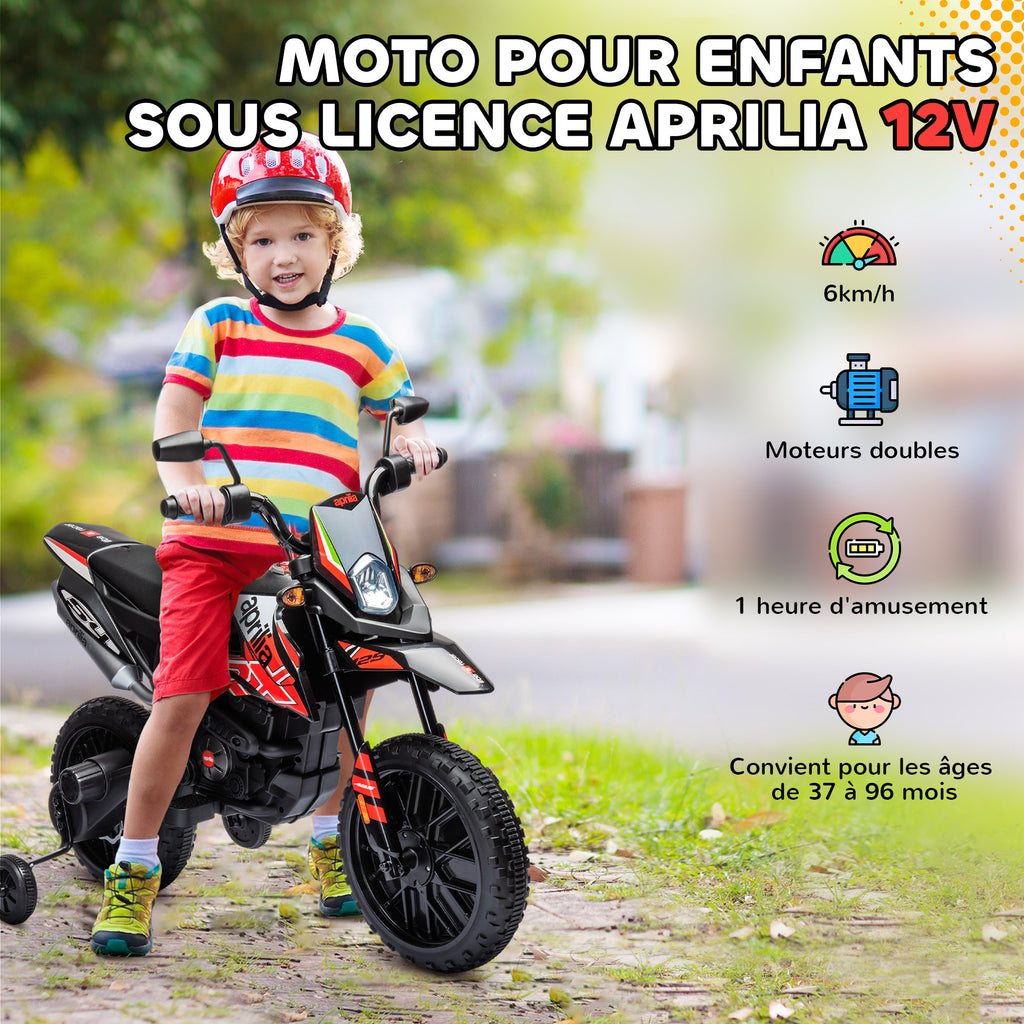 Moto électrique enfants sous licence Aprilia avec 2 moteurs 12V, roues d'entraînement, lumière LED, musique - rouge
