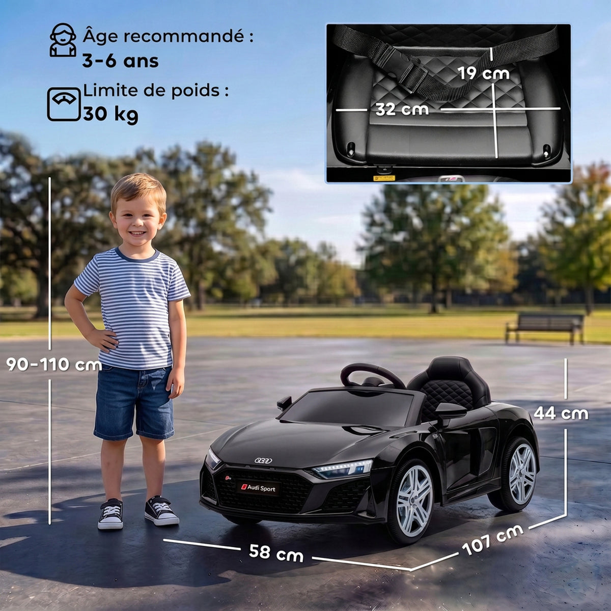 Voiture Électrique Enfants 12V Audi R8 Spyder, Véhicule Électrique, 2 Moteurs, Télécommande 2,4G, Batterie Lithium, Noir