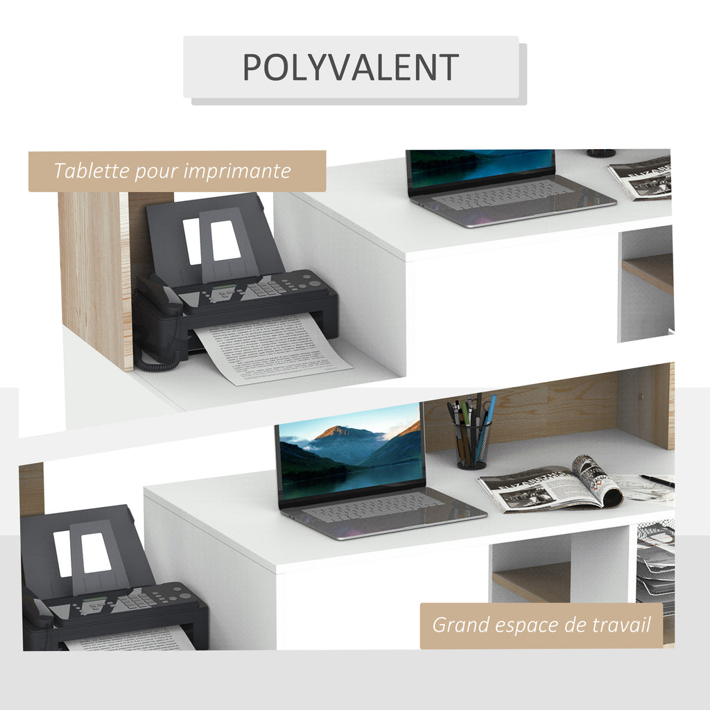 Bureau informatique avec 2 tiroirs, bureau avec rangement, 137 x 55 x 92 cm, étagères ouvertes et tablette