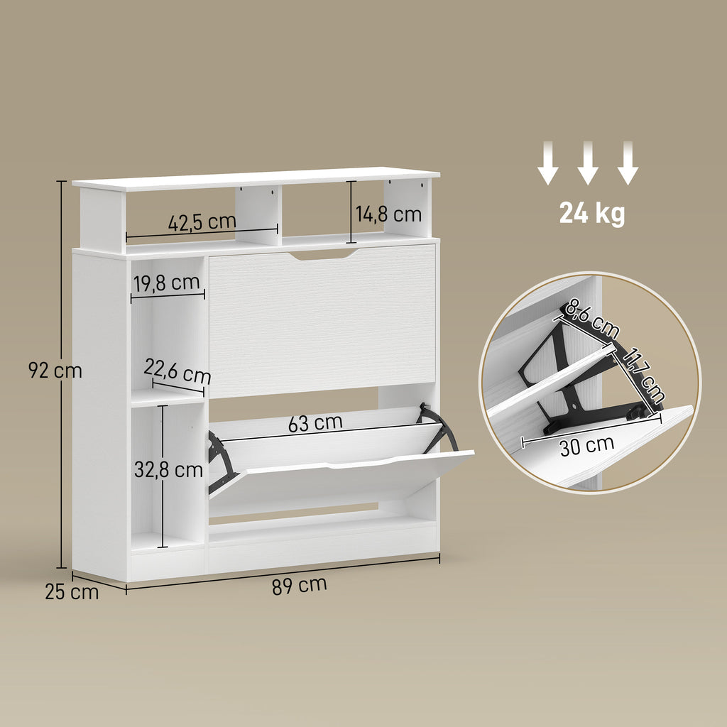 Meuble à chaussures, armoire à chaussures, 2 tiroirs rabattables, compartiments ouverts et étagère réglable, blanc
