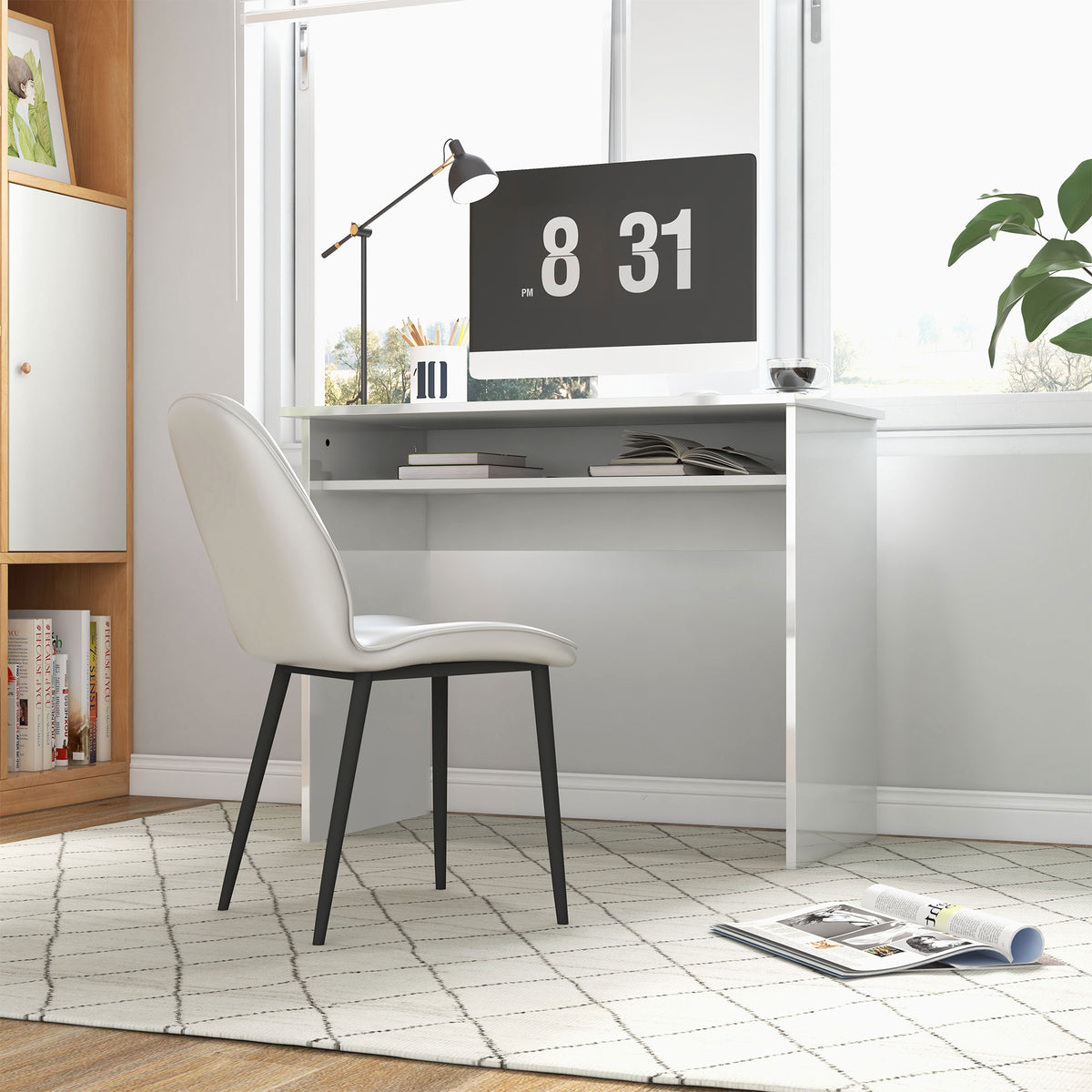 Bureau informatique sobre épuré compact avec 1 étagère, panneaux de particules, dim. 90l x 50P x 74H cm, blanc laqué