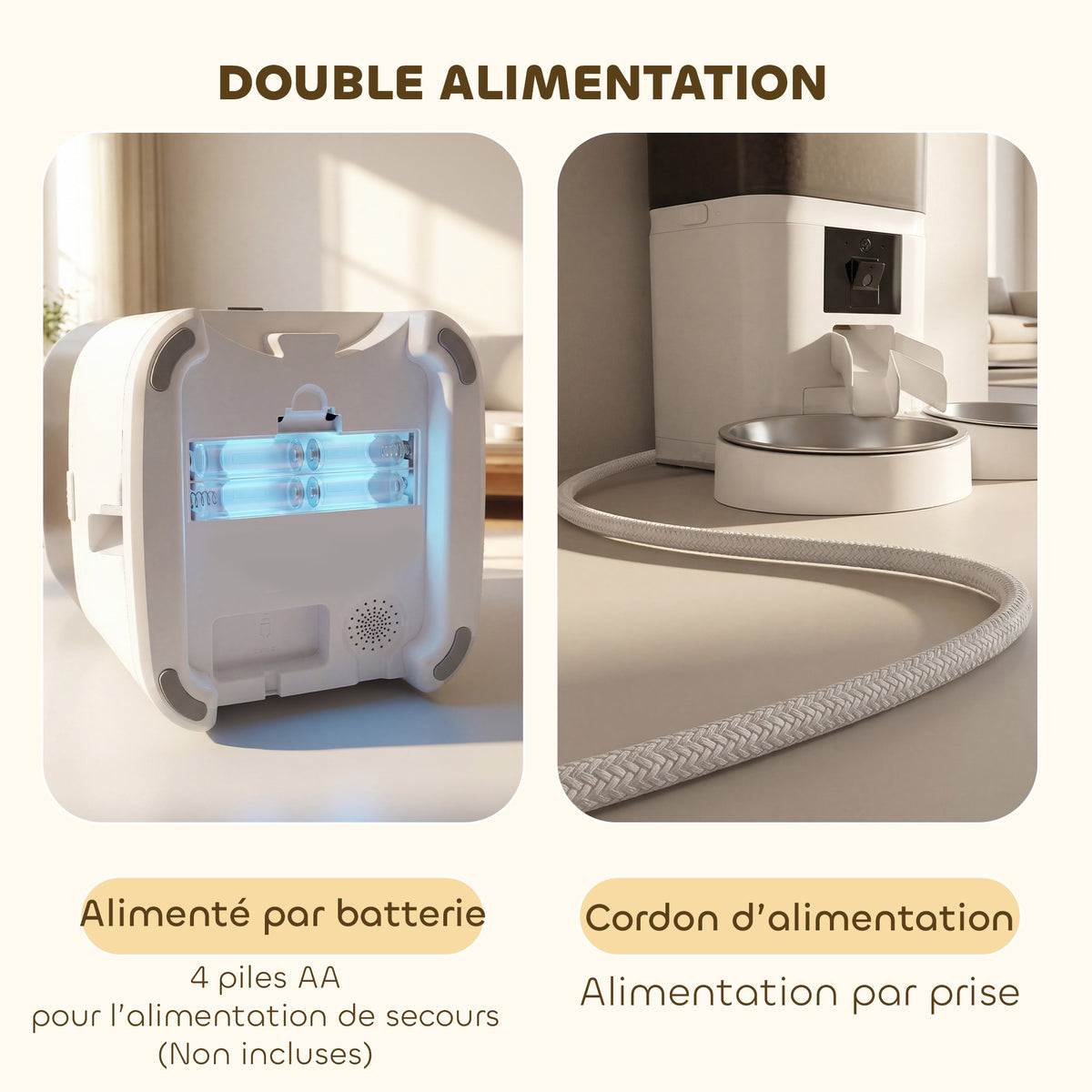 Distributeur Croquettes Chat Automatique 2 Animaux 6L Double Bol Inox WiFi Tuya App ABS 37x36x35cm Blanc