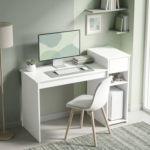 Bureau informatique avec tiroir et étagère, bureau d'ordinateur avec support d'unité centrale, 108 x 50 x 82 cm, blanc