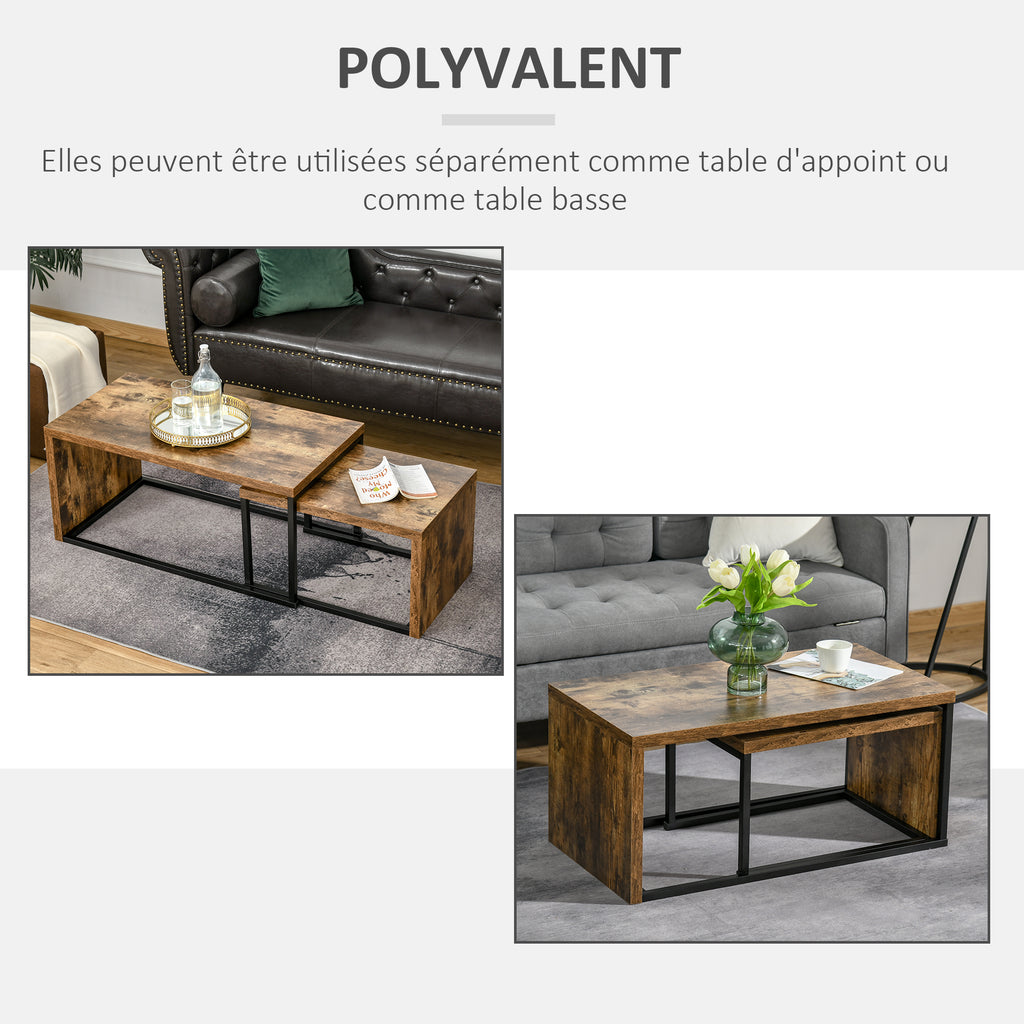 Lot de 2 Tables Basses gigognes Design Industriel encastrable dim. Grande Table 90L x 48l x 42H cm métal Noir Aspect Vieux Bois