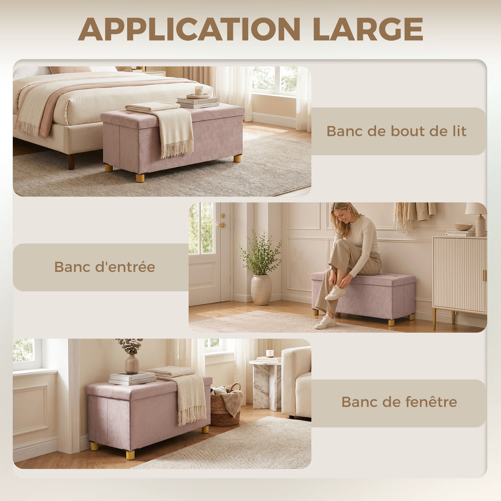 Banc de rangement bout de lit pliable volume 67 L capacité de charge 120 kg avec couvercle 76L x 38l x 38H cm rose