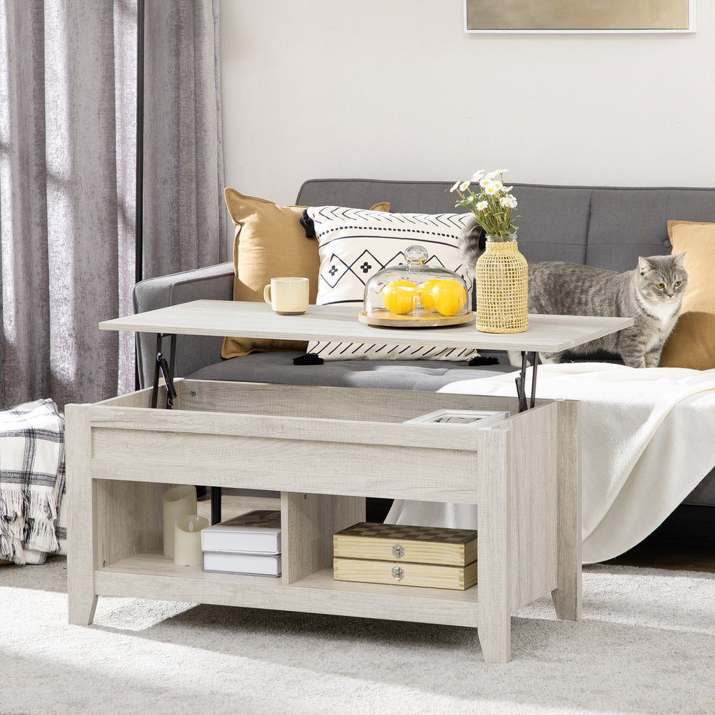 Table basse plateau relevable, table de salon avec étagères et compartiment caché,105 x 50 x 49-62,5 cm pour salon, chambre, aspect chêne clair