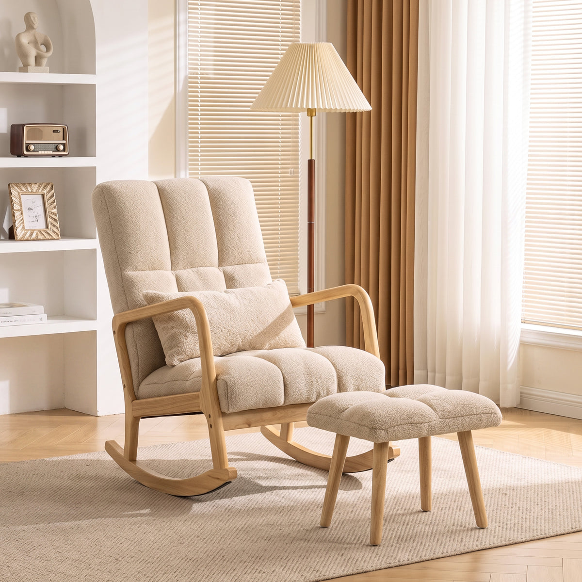 Fauteuil à Bascule avec Repose-Pieds, Rocking Chair en Tissu Bouclette, Pieds en Bois, 64,5 x 82 x 89 cm, Beige