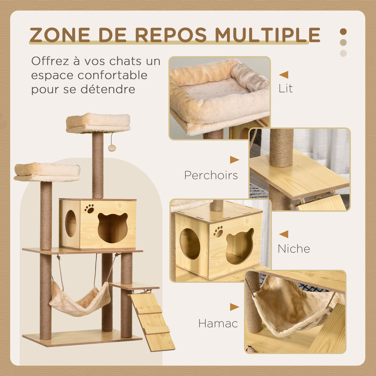 Arbre à chats design contemporain griffoirs grattoirs sisal naturel niche plate-formes hamac boule beige
