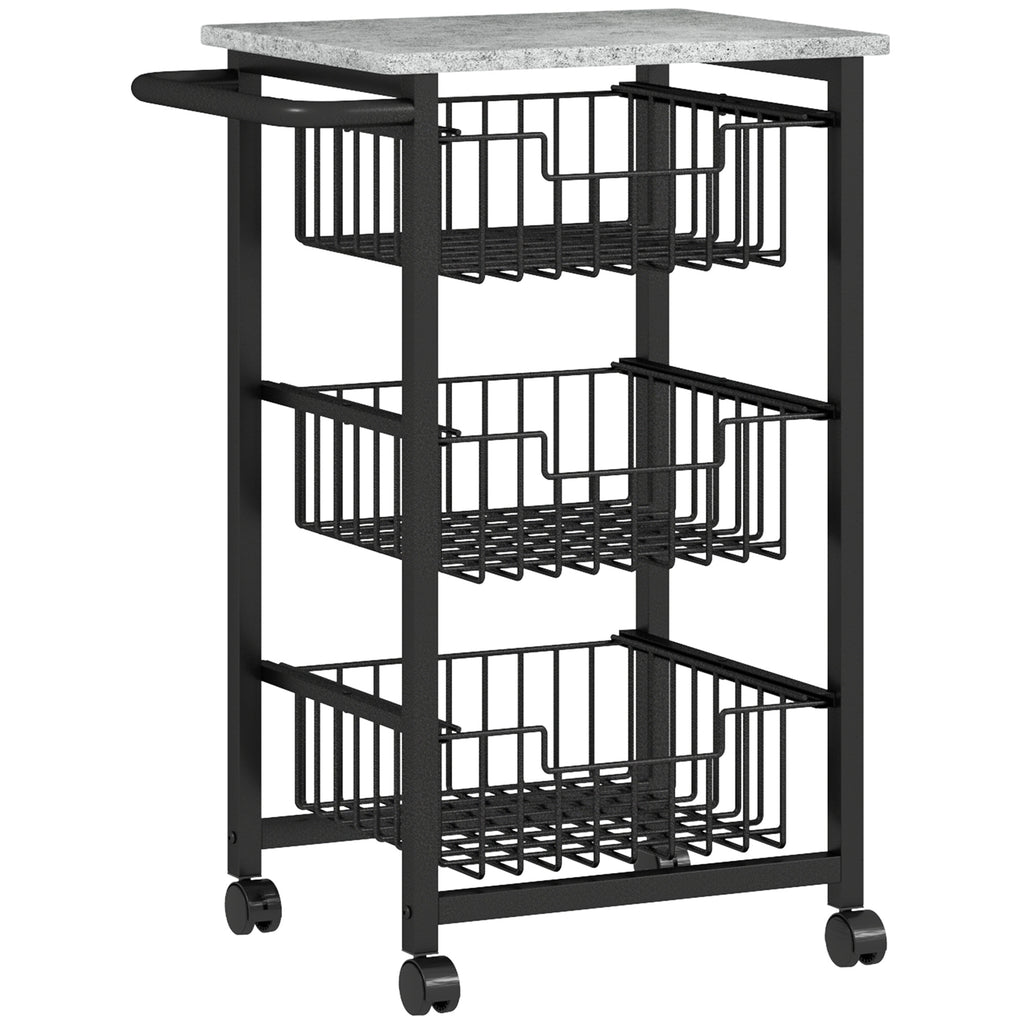 Chariot de rangement à 4 niveaux, desserte à roulettes, 3 paniers coulissants et plateau, 49,5x31x69cm, gris clair noir