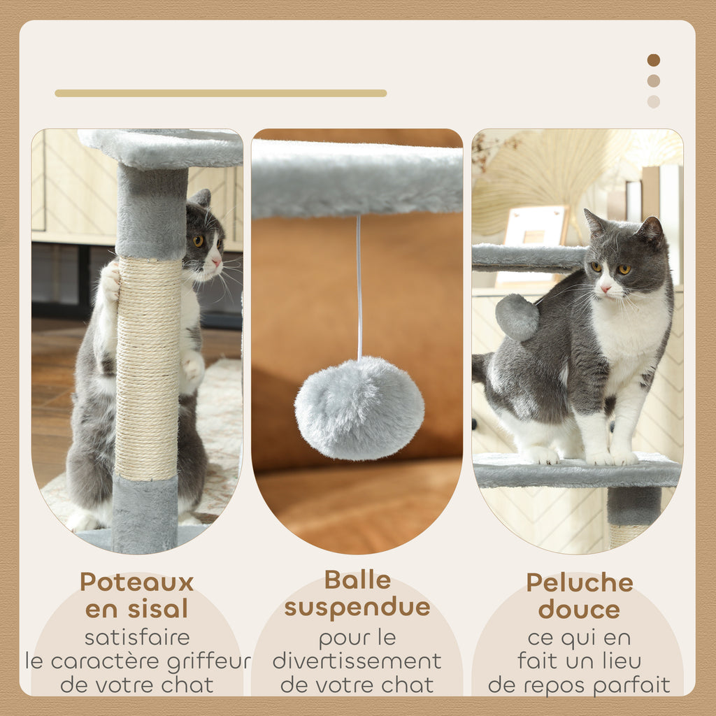 Arbre à chat tour de jeux pour chats poteaux en sisal, 2 plate-forme, niche, balle, tissu peluche, 50x30x81,5cm, gris