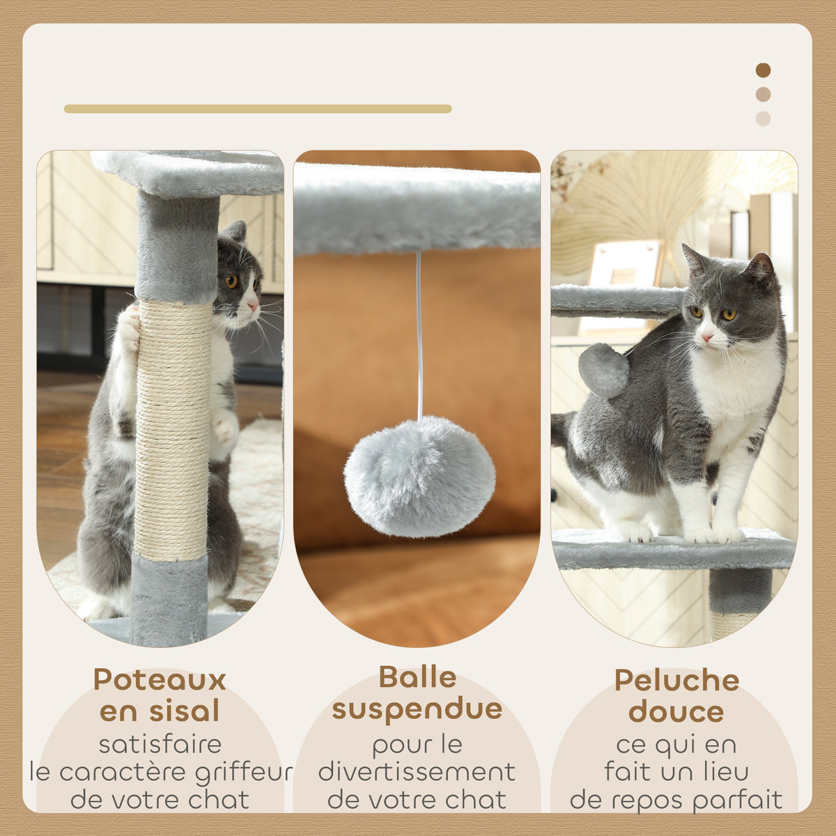 Arbre à chat tour de jeux pour chats poteaux en sisal, 2 plate-forme, niche, balle, tissu peluche, 50x30x81,5cm, gris