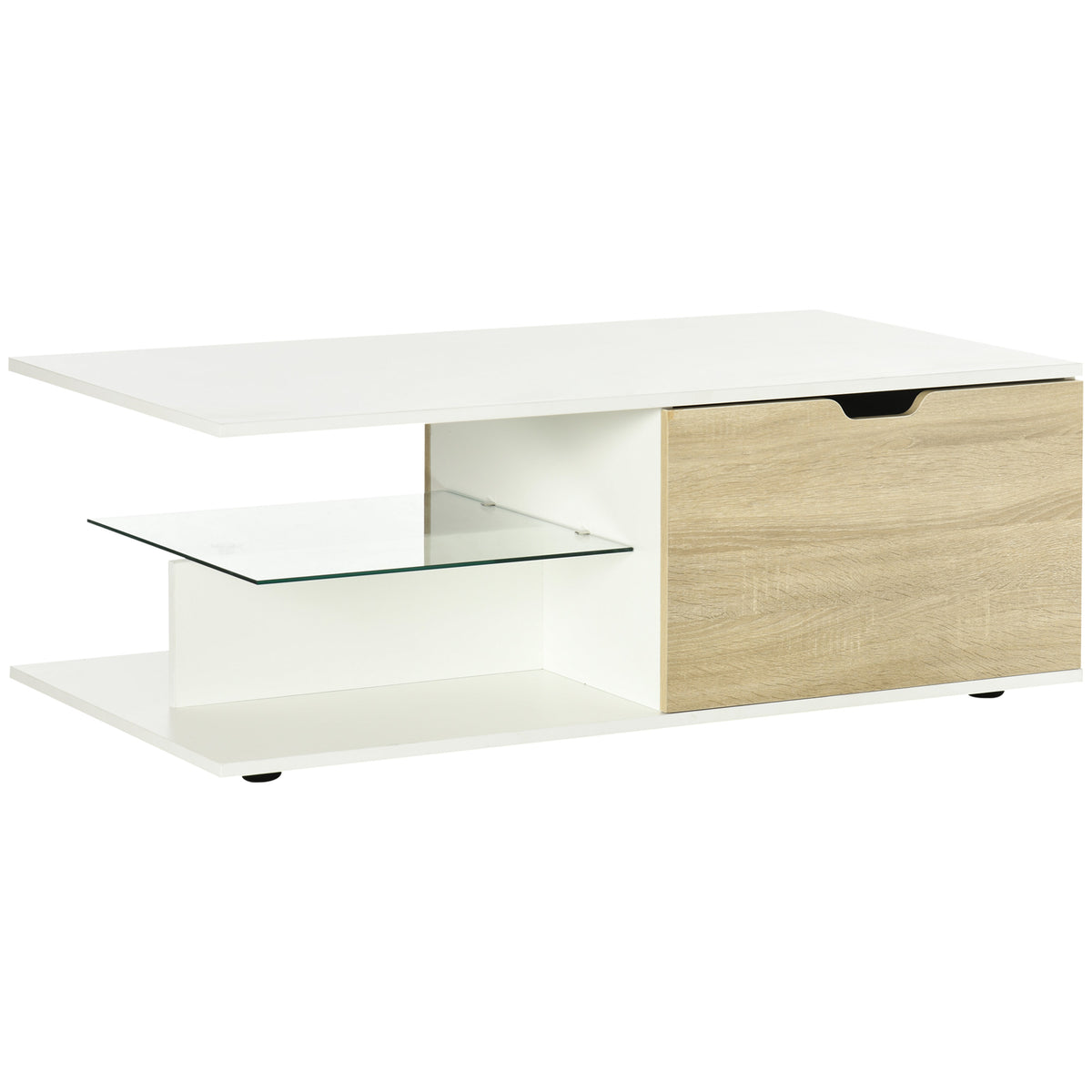 Table basse rectangulaire design contemporain 2 tiroirs 2 niches étagère verre trempé panneaux blanc aspect chêne clair