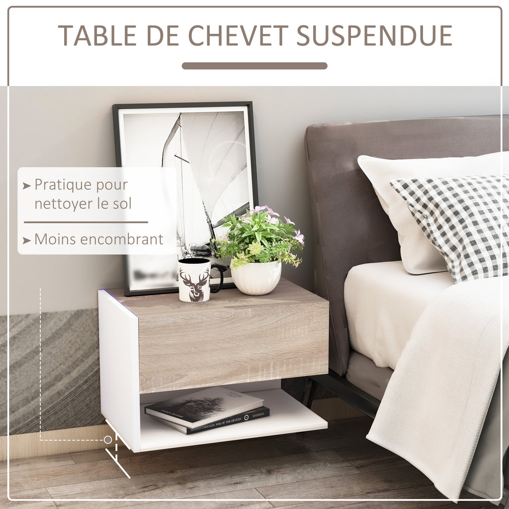 Tables de chevet suspendues Lot de 2 - Tables de Nuit murale - tiroir Coulissant - en Bois Bicolore Aspect chêne clair blanc