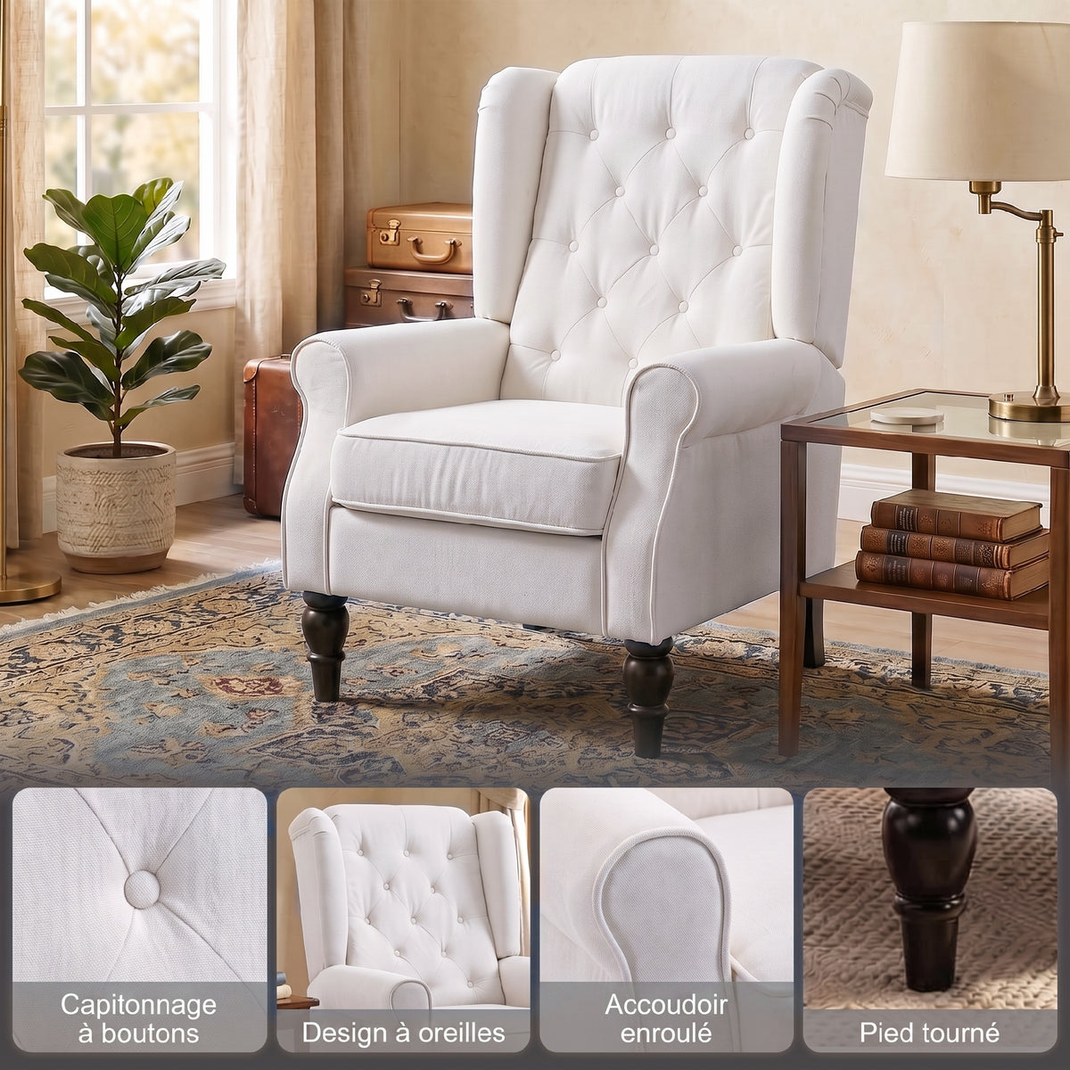 Fauteuil de Salon, Fauteuil d'Appoint Mi-Siècle Moderne en Flanelle Neige avec Haut Dossier Capitonné à Oreilles, Crème