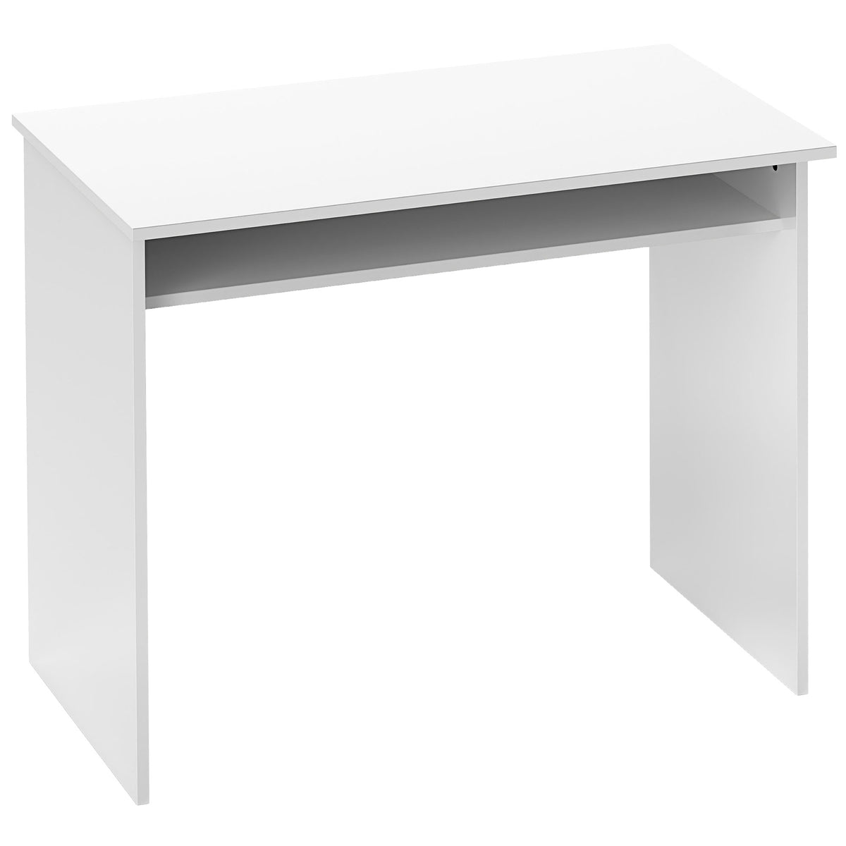 Bureau informatique sobre épuré compact avec 1 étagère, panneaux de particules, dim. 90l x 50P x 74H cm, blanc laqué