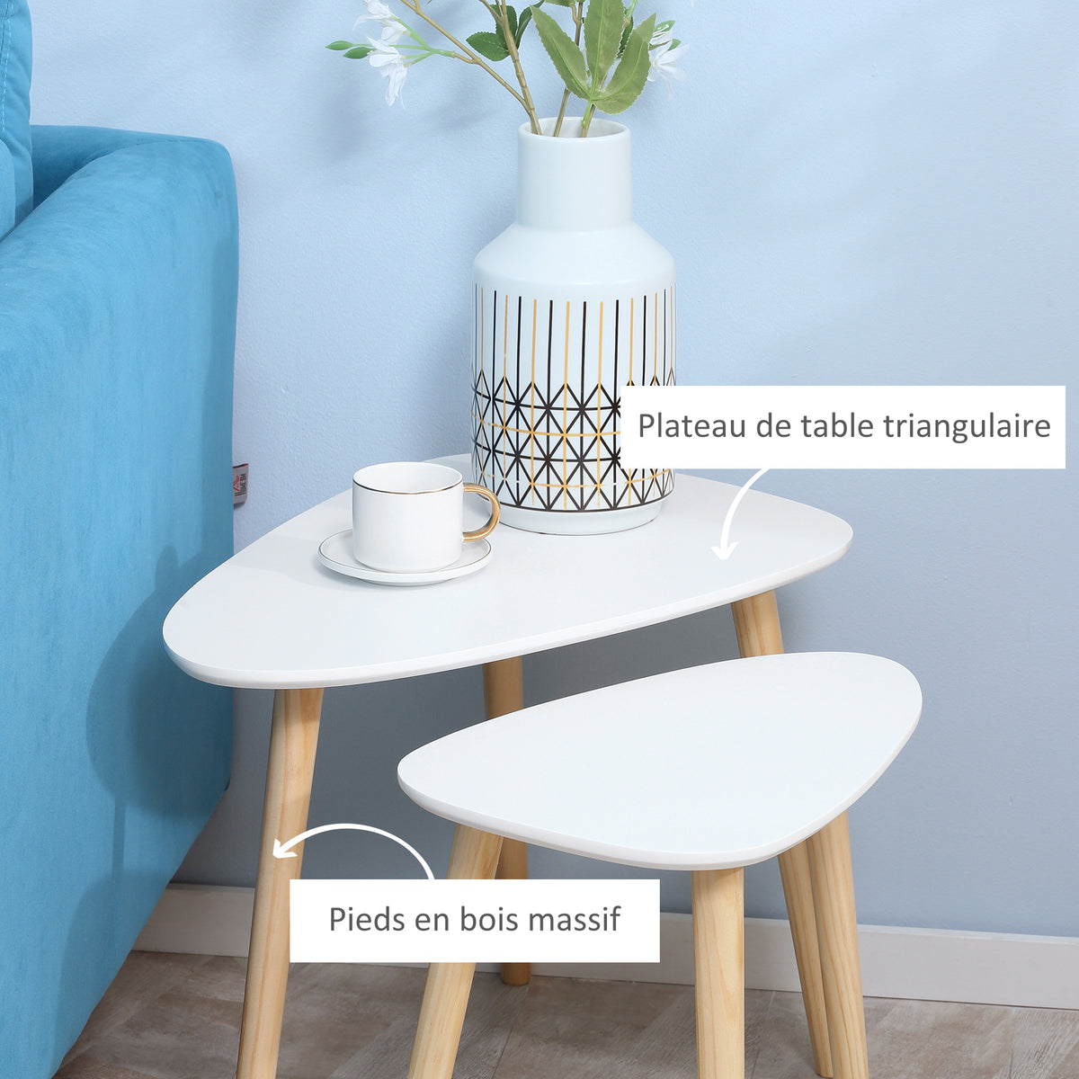 Lot de 2 tables basses gigognes design scandinave pieds en bois et plateau en bois, blanc