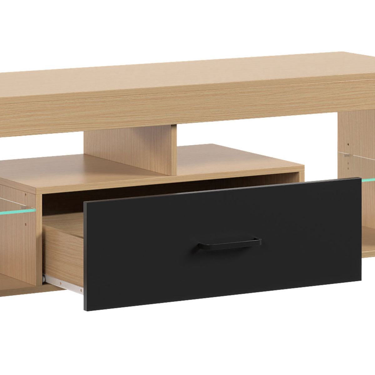 Meuble TV 140 cm, Meuble Télé pour 65 Pouces avec Étagères en Verre Réglables, Tiroir et Compartiments Ouverts, Chêne