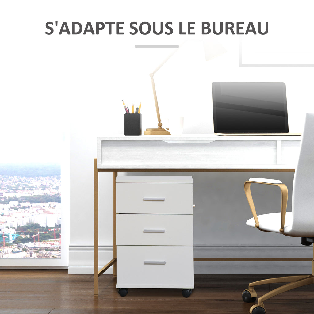 Caisson de Bureau Rangement Bureau sur Roulettes 3 Tiroirs Verrouillables 40 x 40 x 61,5 cm Blanc