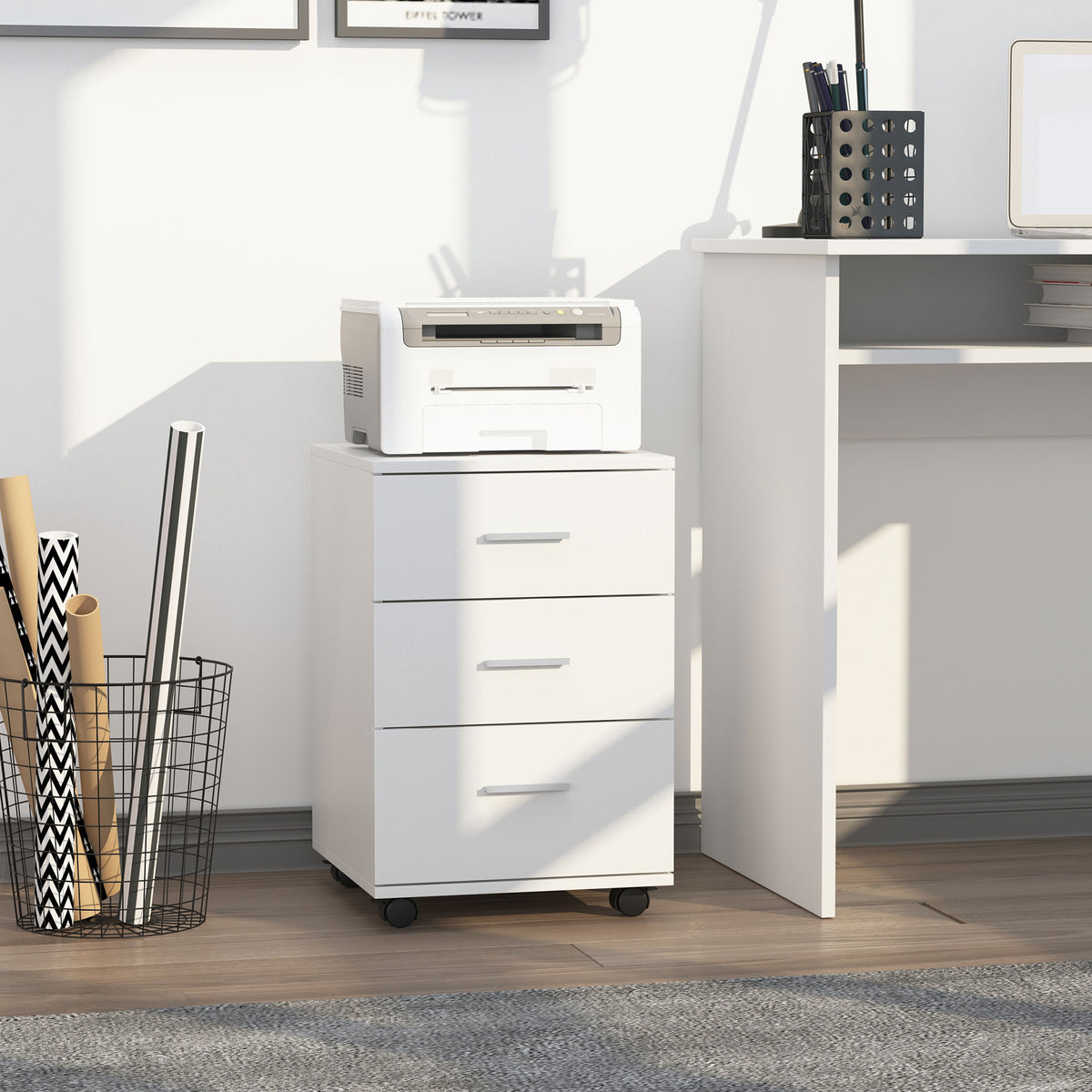 Caisson de Bureau Rangement Bureau sur Roulettes 3 Tiroirs Verrouillables 40 x 40 x 61,5 cm Blanc