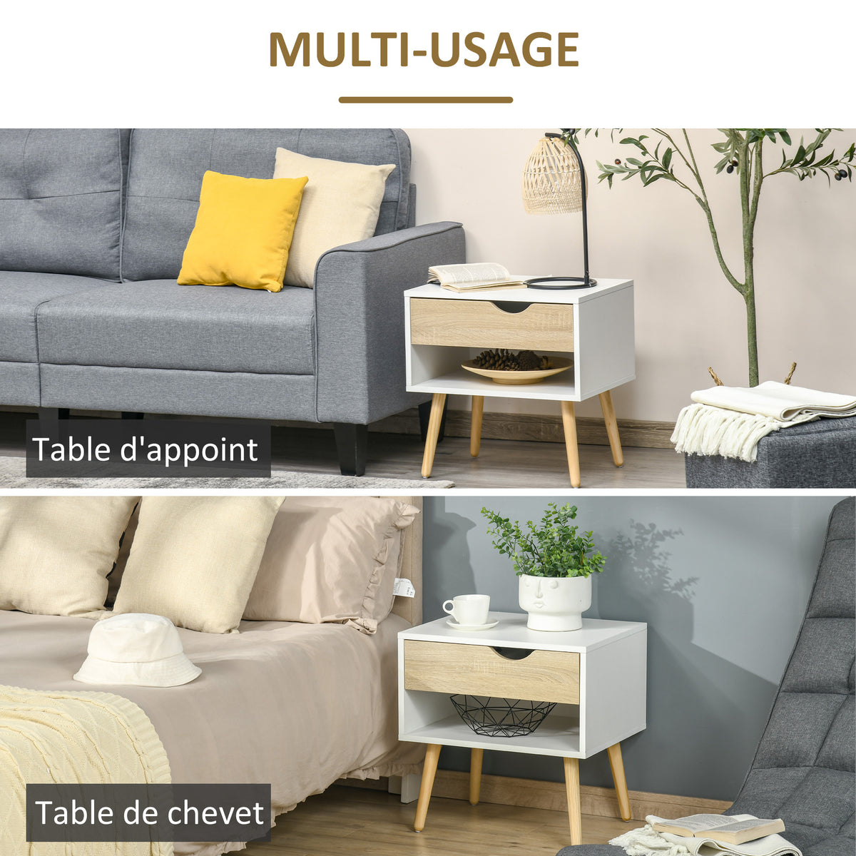 Table de chevet, table de nuit, avec tiroir, design moderne, pieds en bois massif, 50 x 39 x 51 cm, blanc et bois naturel