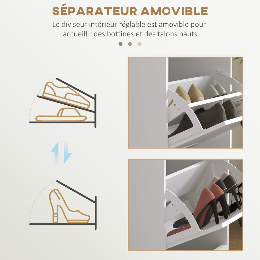 Meuble à chaussures, 3 portes abattants 15 paires, étagères réglables, pour entrée, couloir, 54 x 24 x 117,5 cm, blanc