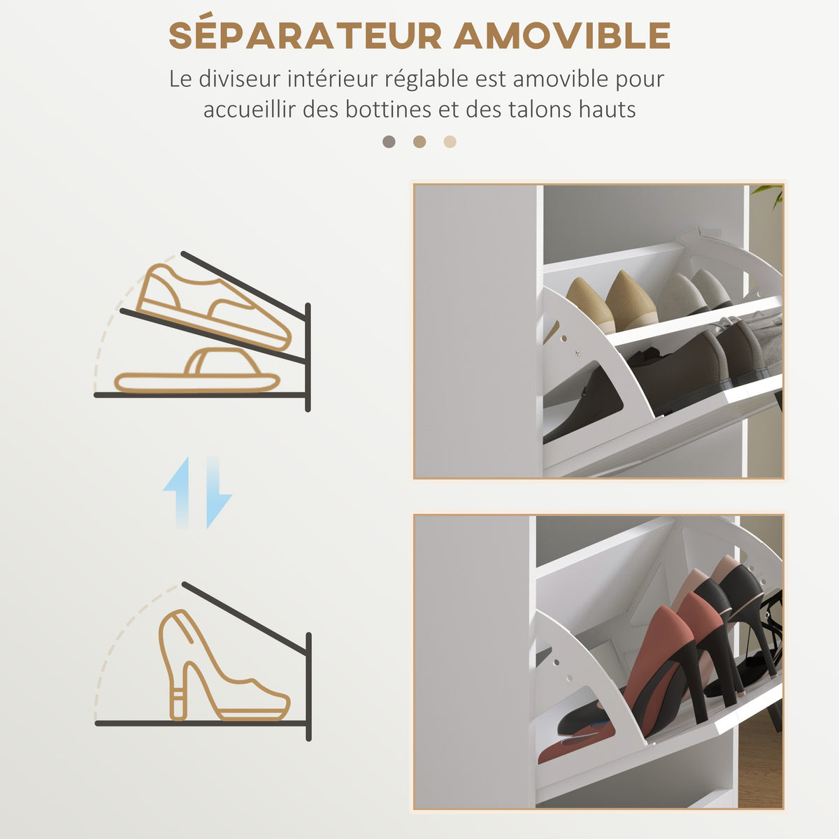 Meuble à chaussures, 3 portes abattants 15 paires, étagères réglables, pour entrée, couloir, 54 x 24 x 117,5 cm, blanc