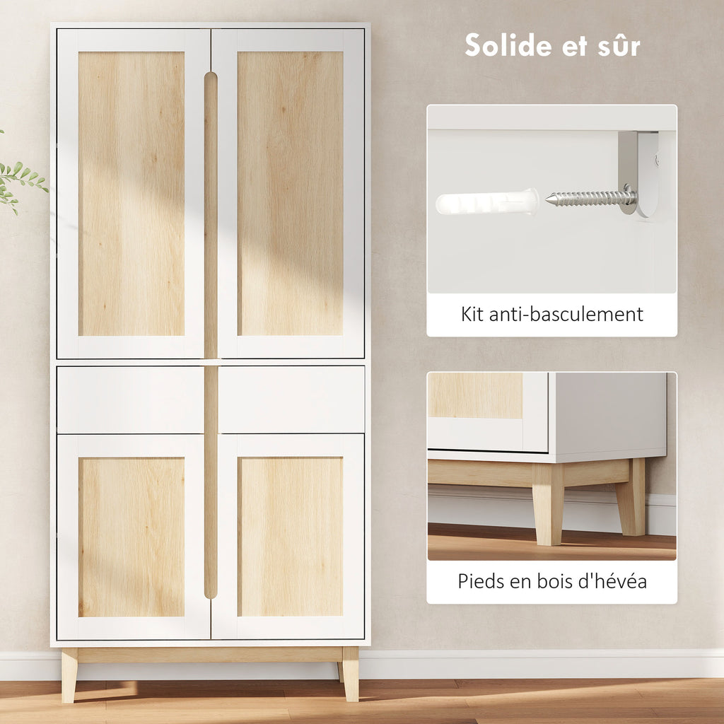 Buffet haut cuisine, armoire de cuisine avec 4 portes, 2 tiroirs et étagères réglables, 80x35x170cm, blanc et chêne