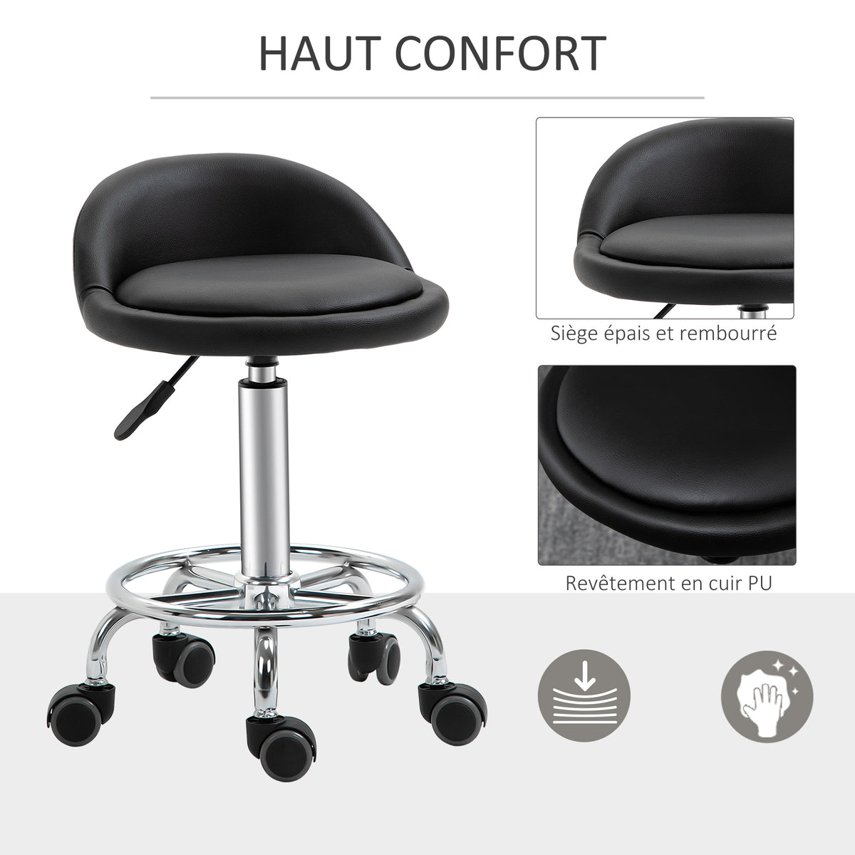 Lot de 2 tabouret à roulette pivotant 360°, assise réglable 47-62H cm, acier chromé revêtement synthétique noir