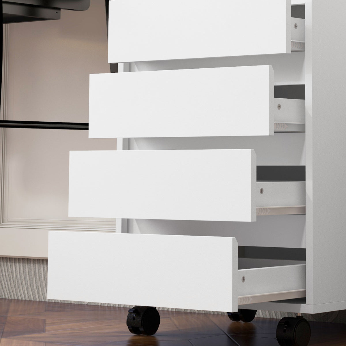 Caisson de bureau rangement bureau sur roulettes 4 tiroirs coulissants en bois aspect bois blanc