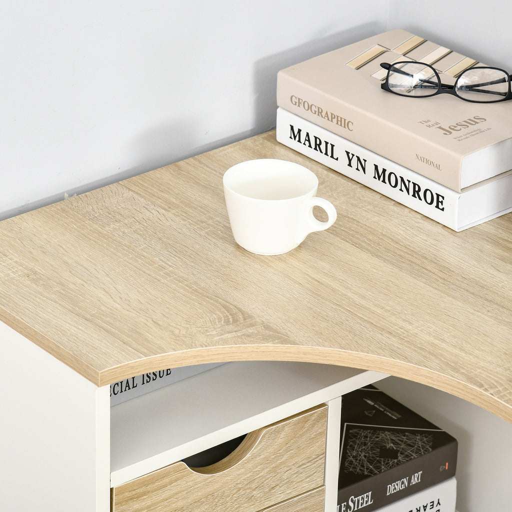 Bureau d'Angle avec 2 Tiroirs, 120 x 60 cm, Bureau en L avec 3 Compartiments Ouverts, Table Informatique pour Étudier, Travailler, Chambre, Maison, Chêne Clair