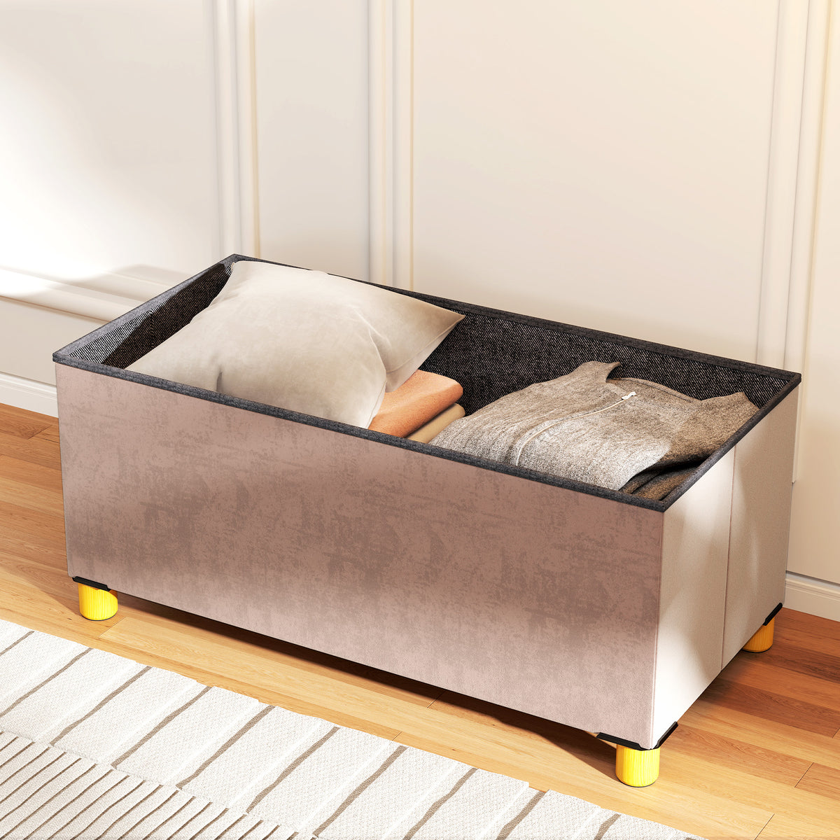 Banc de rangement bout de lit pliable volume 67 L capacité de charge 120 kg avec couvercle 76L x 38l x 38H cm rose